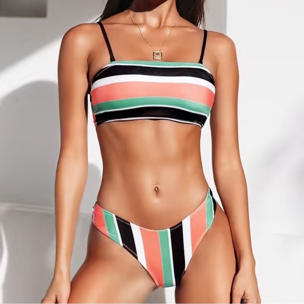 Cupshe Colorful Striped Bandeau High-Leg Bikini – Size M